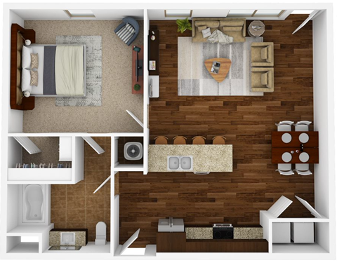Floor plan for 1 bed, 1 bath, 857 sqft